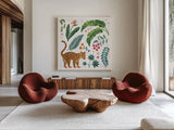 Jungle Love IV White by Janelle Penner. Shown as extra-large giant wall art in a modern living room. Available as an archival giclee rolled canvas, fine art paper, or poster print. SKU 56358a.