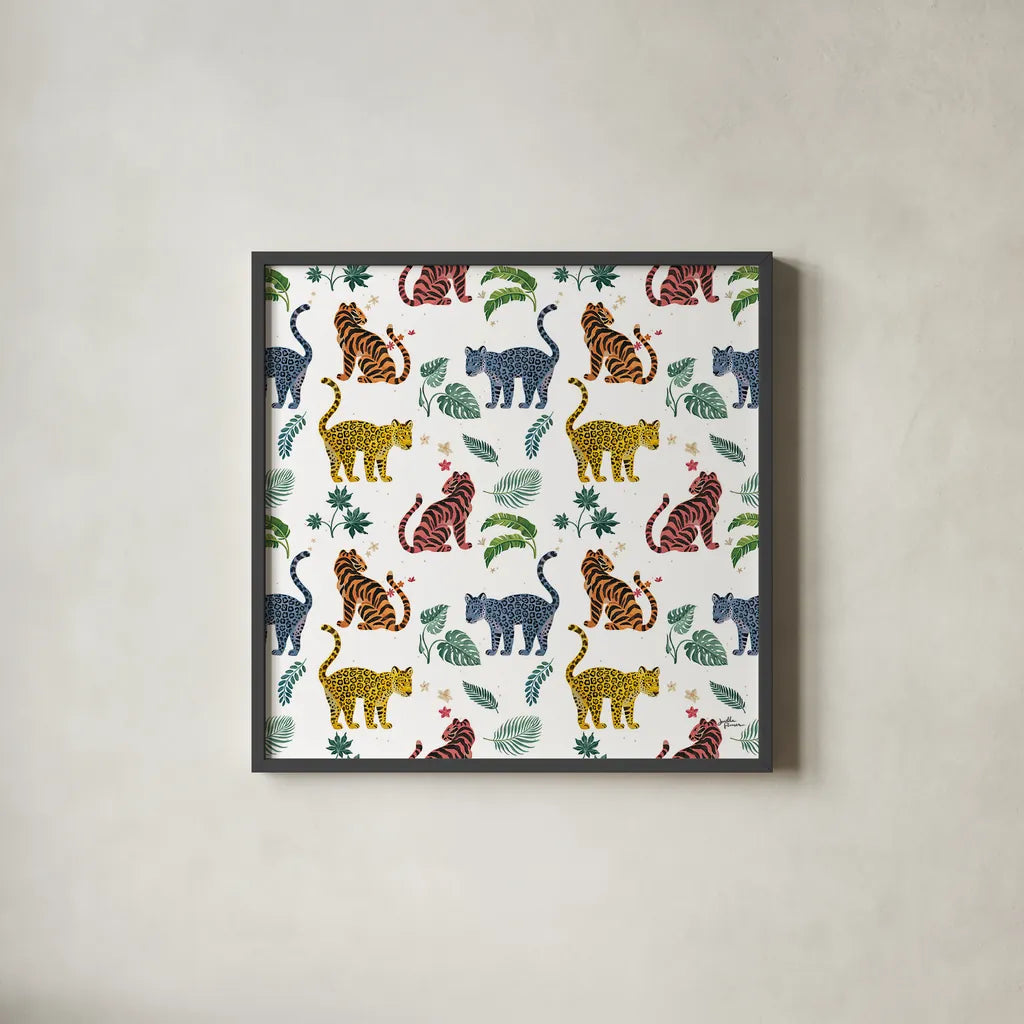 Jungle Love Pattern VI by Janelle Penner. Shown in a sleek black glass frame for a contemporary gallery look. Available as an archival giclee rolled canvas, fine art paper, or poster print. SKU 58842a.