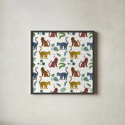 Jungle Love Pattern VI by Janelle Penner. Shown in a sleek black glass frame for a contemporary gallery look. Available as an archival giclee rolled canvas, fine art paper, or poster print. SKU 58842a.