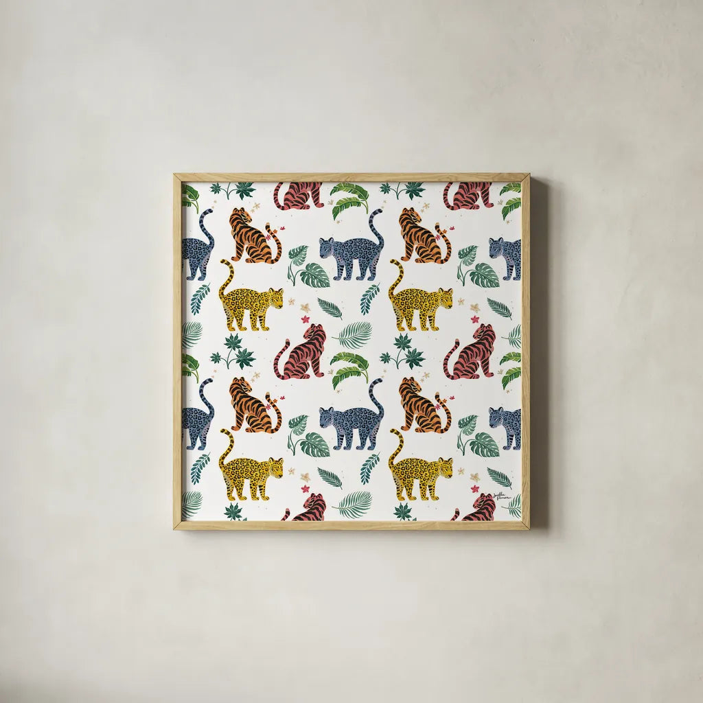 Jungle Love Pattern VI by Janelle Penner. Shown in a natural wood glass frame for a timeless modern aesthetic. Available as an archival giclee rolled canvas, fine art paper, or poster print. SKU 58842a.