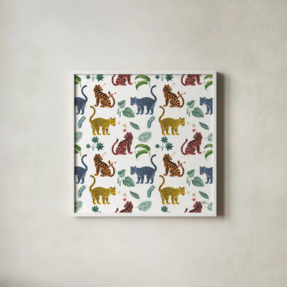 Jungle Love Pattern VI by Janelle Penner. Shown in a crisp white glass frame for a clean and minimalist style. Available as an archival giclee rolled canvas, fine art paper, or poster print. SKU 58842a.