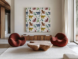Jungle Love Pattern VI by Janelle Penner. Shown as extra-large giant wall art in a modern living room. Available as an archival giclee rolled canvas, fine art paper, or poster print. SKU 58842a.