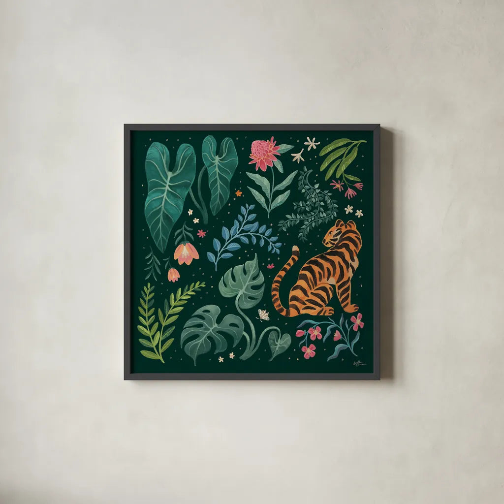 Jungle Love V by Janelle Penner. Shown in a sleek black glass frame for a contemporary gallery look. Available as an archival giclee rolled canvas, fine art paper, or poster print. SKU 56092a.
