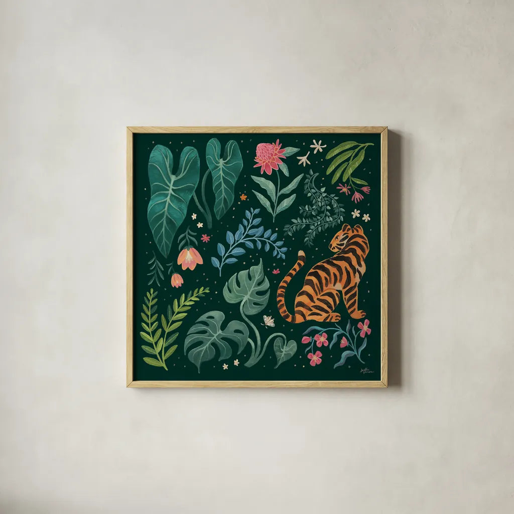 Jungle Love V by Janelle Penner. Shown in a natural wood glass frame for a timeless modern aesthetic. Available as an archival giclee rolled canvas, fine art paper, or poster print. SKU 56092a.
