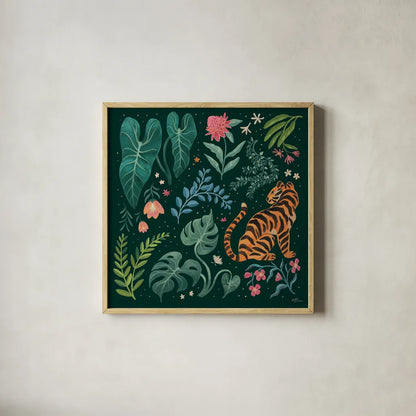 Jungle Love V by Janelle Penner. Shown in a natural wood glass frame for a timeless modern aesthetic. Available as an archival giclee rolled canvas, fine art paper, or poster print. SKU 56092a.