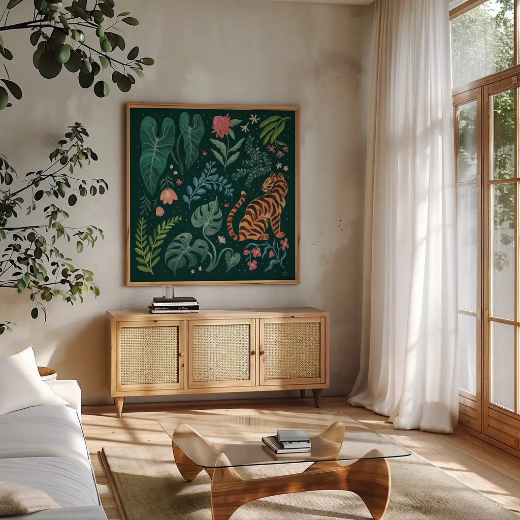 Jungle Love V by Janelle Penner. Shown in a natural wood frame in a cozy modern living room. Available as an archival giclee rolled canvas, fine art paper, or poster print. SKU 56092a.