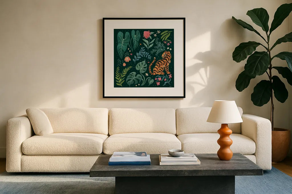 Jungle Love V by Janelle Penner. Displayed in a glass frame with matte in a clean modern living room. Available as an archival giclee rolled canvas, fine art paper, or poster print. SKU 56092a.