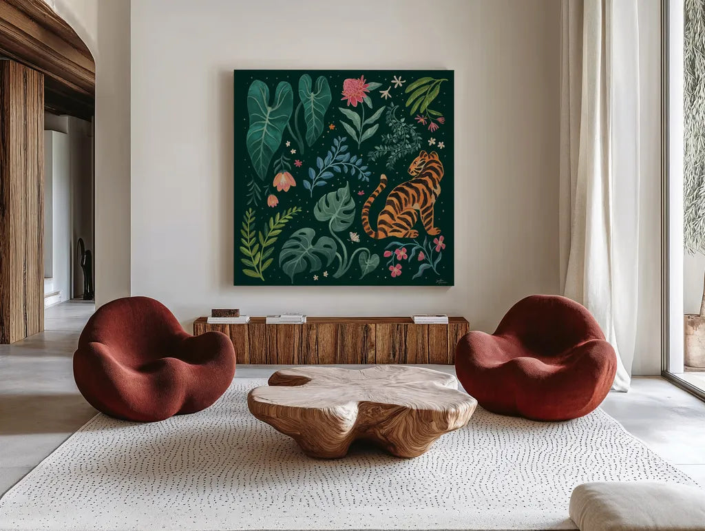 Jungle Love V by Janelle Penner. Shown as extra-large giant wall art in a modern living room. Available as an archival giclee rolled canvas, fine art paper, or poster print. SKU 56092a.