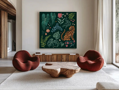Jungle Love V by Janelle Penner. Shown as extra-large giant wall art in a modern living room. Available as an archival giclee rolled canvas, fine art paper, or poster print. SKU 56092a.