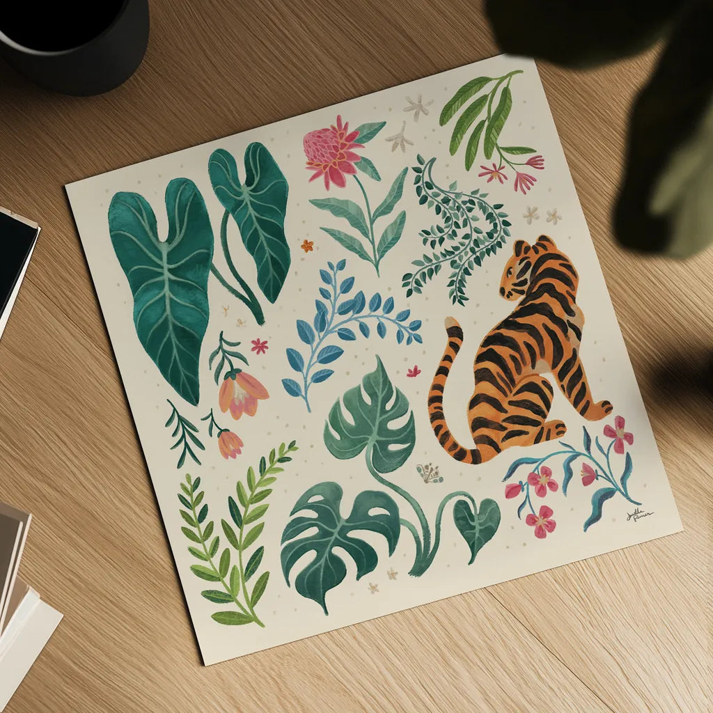Jungle Love V Cream by Janelle Penner. Shown as a detailed flat fine art print, highlighting archival giclee quality. Available as an archival giclee rolled canvas, fine art paper, or poster print. SKU 56872a.