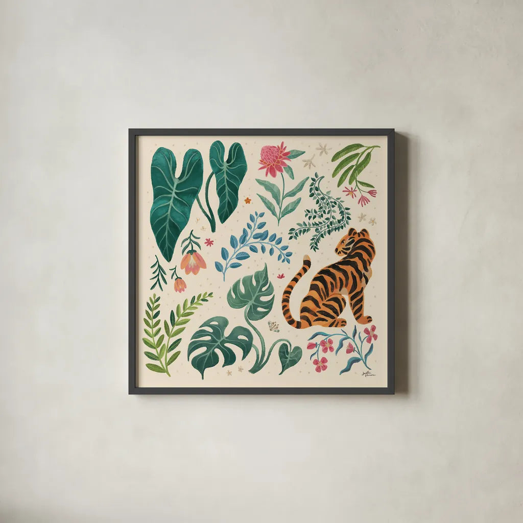 Jungle Love V Cream by Janelle Penner. Shown in a sleek black glass frame for a contemporary gallery look. Available as an archival giclee rolled canvas, fine art paper, or poster print. SKU 56872a.