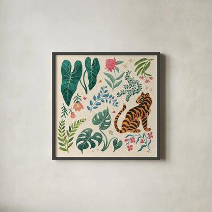 Jungle Love V Cream by Janelle Penner. Shown in a sleek black glass frame for a contemporary gallery look. Available as an archival giclee rolled canvas, fine art paper, or poster print. SKU 56872a.