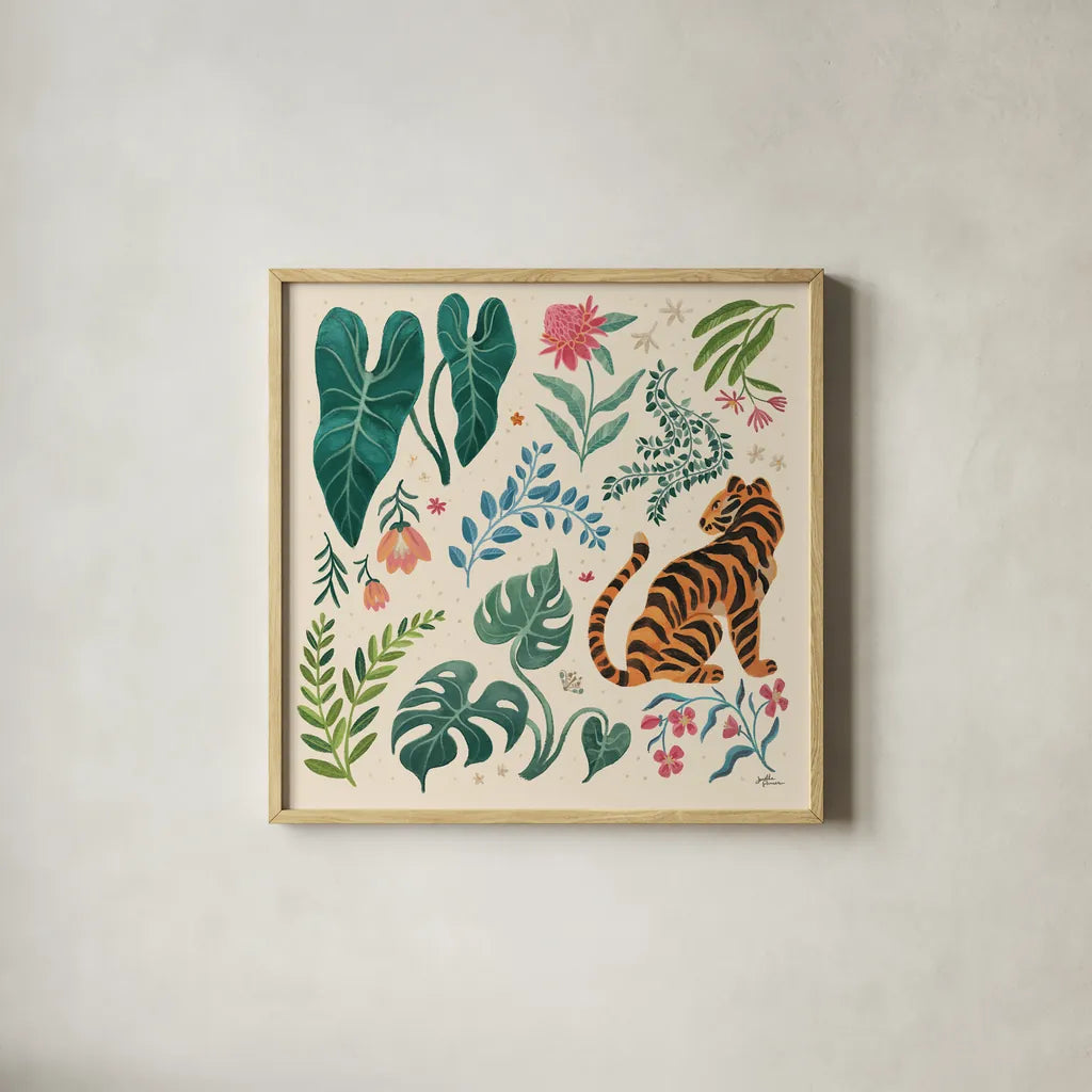 Jungle Love V Cream by Janelle Penner. Shown in a natural wood glass frame for a timeless modern aesthetic. Available as an archival giclee rolled canvas, fine art paper, or poster print. SKU 56872a.