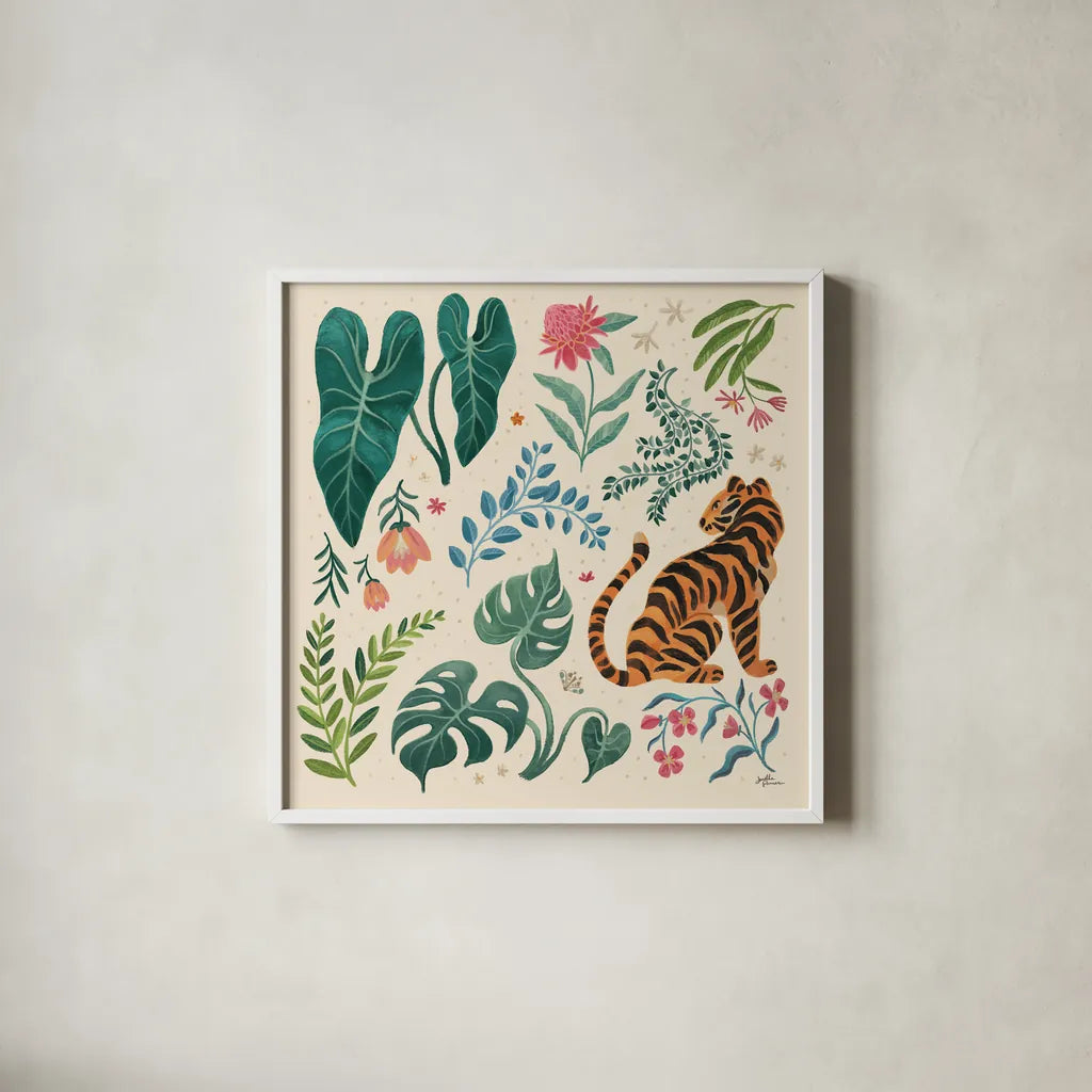 Jungle Love V Cream by Janelle Penner. Shown in a crisp white glass frame for a clean and minimalist style. Available as an archival giclee rolled canvas, fine art paper, or poster print. SKU 56872a.