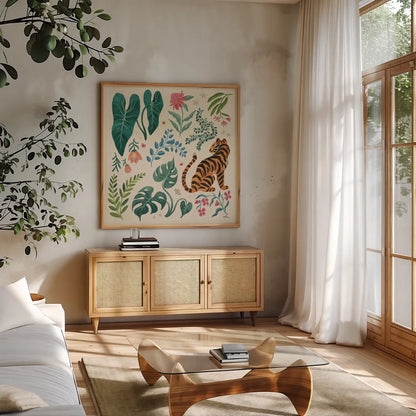 Jungle Love V Cream by Janelle Penner. Shown in a natural wood frame in a cozy modern living room. Available as an archival giclee rolled canvas, fine art paper, or poster print. SKU 56872a.
