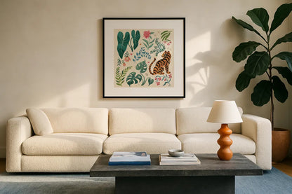 Jungle Love V Cream by Janelle Penner. Displayed in a glass frame with matte in a clean modern living room. Available as an archival giclee rolled canvas, fine art paper, or poster print. SKU 56872a.