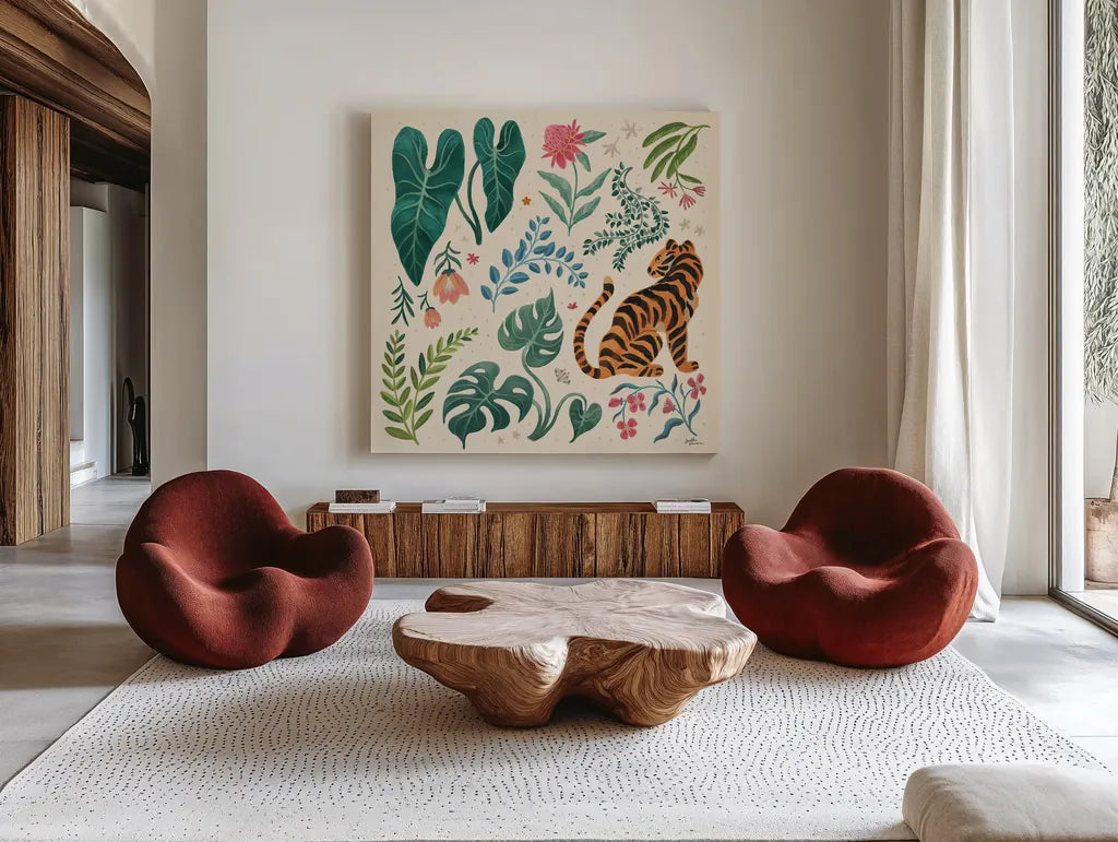 Jungle Love V Cream by Janelle Penner. Shown as extra-large giant wall art in a modern living room. Available as an archival giclee rolled canvas, fine art paper, or poster print. SKU 56872a.