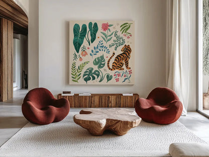 Jungle Love V Cream by Janelle Penner. Shown as extra-large giant wall art in a modern living room. Available as an archival giclee rolled canvas, fine art paper, or poster print. SKU 56872a.