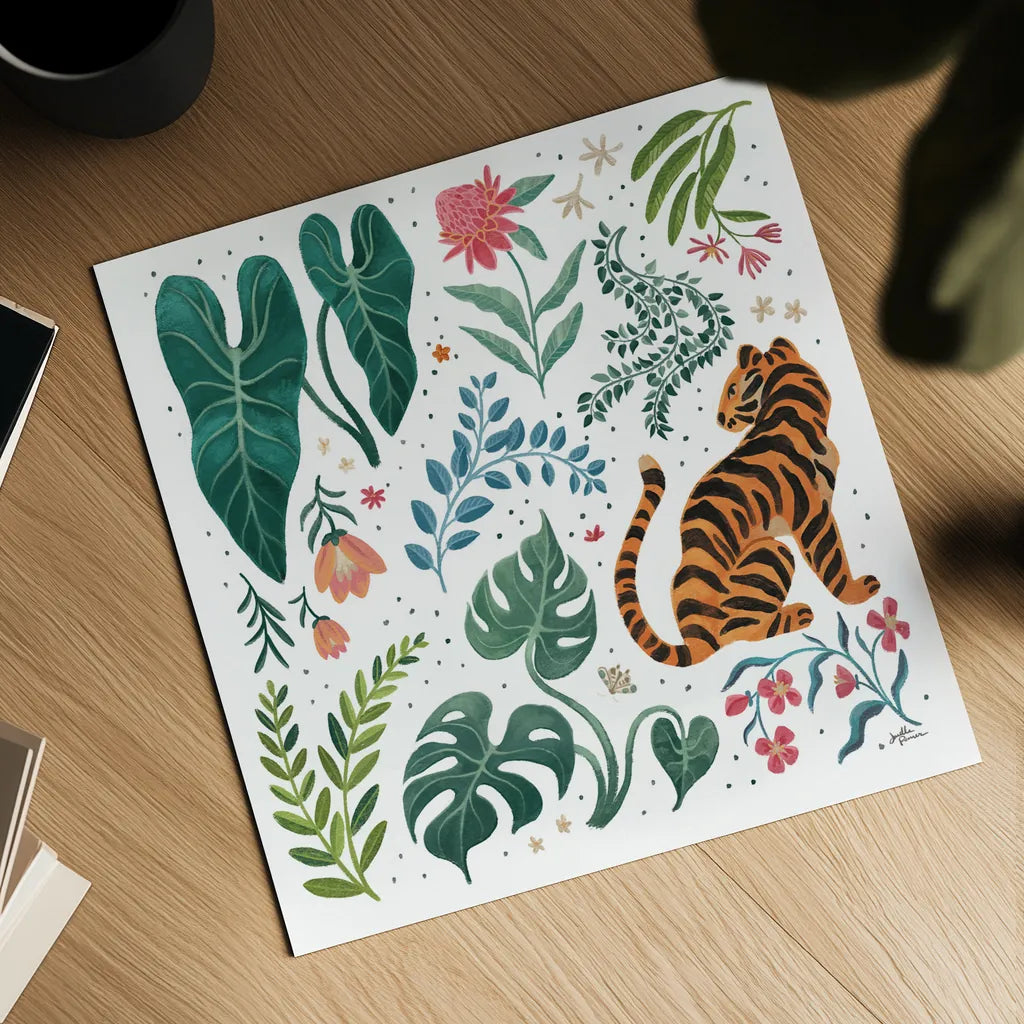 Jungle Love V White by Janelle Penner. Shown as a detailed flat fine art print, highlighting archival giclee quality. Available as an archival giclee rolled canvas, fine art paper, or poster print. SKU 56359a.