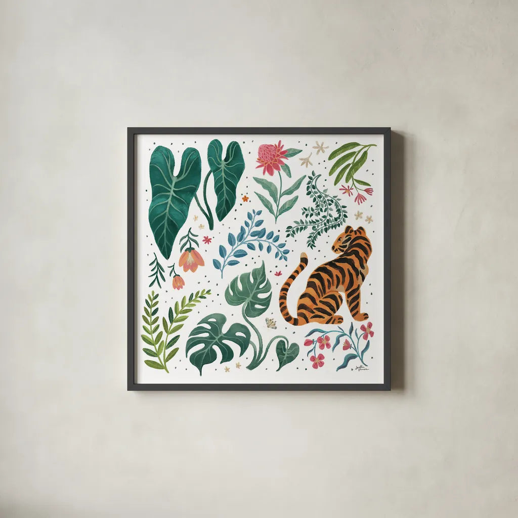 Jungle Love V White by Janelle Penner. Shown in a sleek black glass frame for a contemporary gallery look. Available as an archival giclee rolled canvas, fine art paper, or poster print. SKU 56359a.