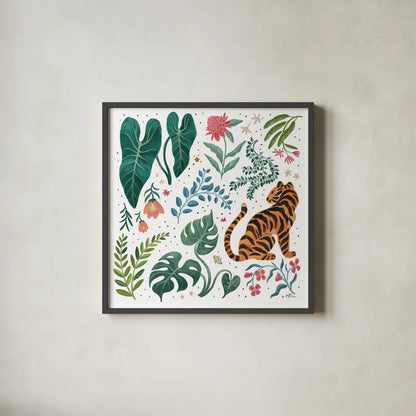 Jungle Love V White by Janelle Penner. Shown in a sleek black glass frame for a contemporary gallery look. Available as an archival giclee rolled canvas, fine art paper, or poster print. SKU 56359a.