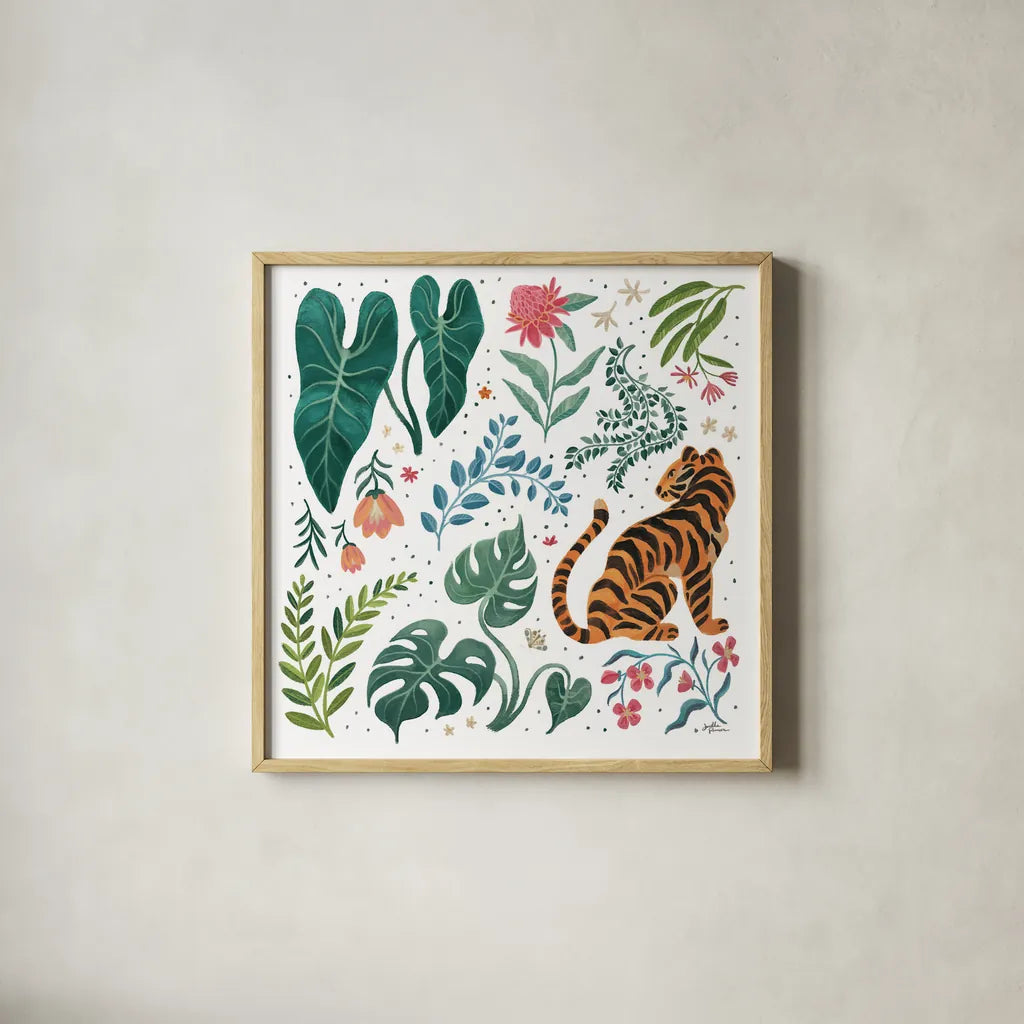 Jungle Love V White by Janelle Penner. Shown in a natural wood glass frame for a timeless modern aesthetic. Available as an archival giclee rolled canvas, fine art paper, or poster print. SKU 56359a.