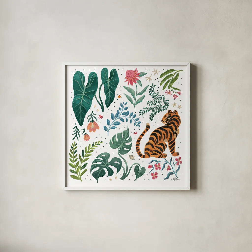 Jungle Love V White by Janelle Penner. Shown in a crisp white glass frame for a clean and minimalist style. Available as an archival giclee rolled canvas, fine art paper, or poster print. SKU 56359a.