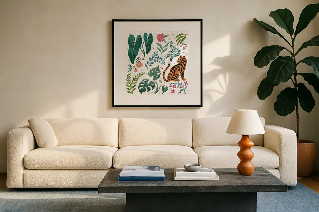 Jungle Love V White by Janelle Penner. Displayed in a glass frame with matte in a clean modern living room. Available as an archival giclee rolled canvas, fine art paper, or poster print. SKU 56359a.