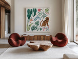 Jungle Love V White by Janelle Penner. Shown as extra-large giant wall art in a modern living room. Available as an archival giclee rolled canvas, fine art paper, or poster print. SKU 56359a.