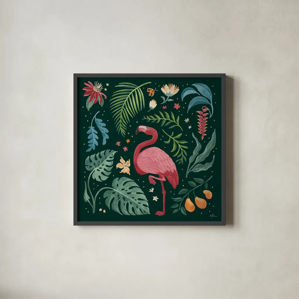 Jungle Love VI by Janelle Penner. Shown in a sleek black glass frame for a contemporary gallery look. Available as an archival giclee rolled canvas, fine art paper, or poster print. SKU 56093a.