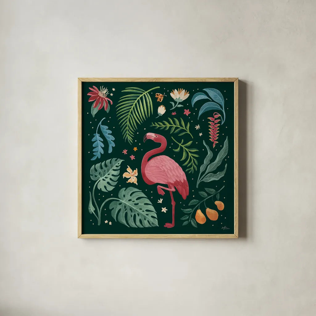Jungle Love VI by Janelle Penner. Shown in a natural wood glass frame for a timeless modern aesthetic. Available as an archival giclee rolled canvas, fine art paper, or poster print. SKU 56093a.