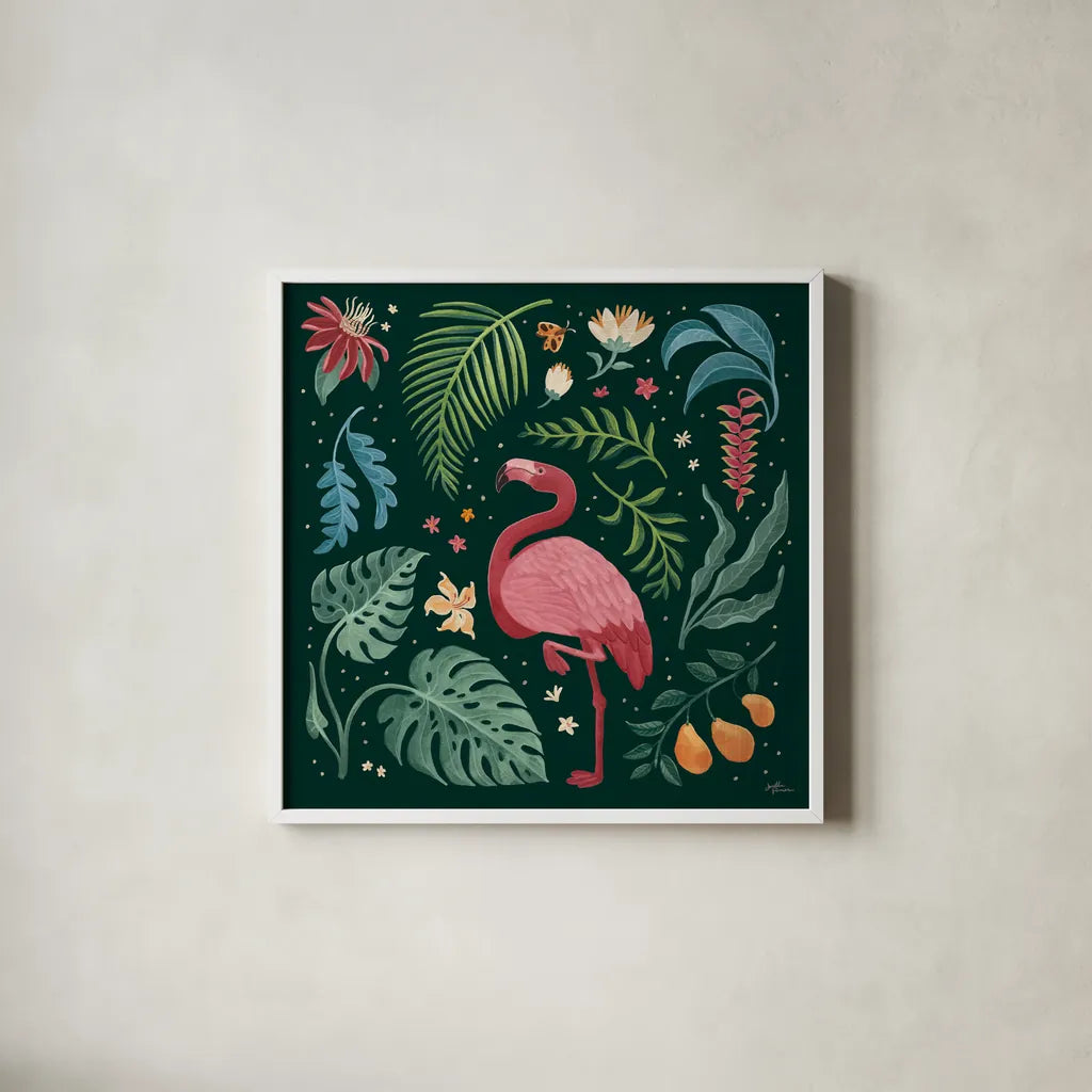 Jungle Love VI by Janelle Penner. Shown in a crisp white glass frame for a clean and minimalist style. Available as an archival giclee rolled canvas, fine art paper, or poster print. SKU 56093a.