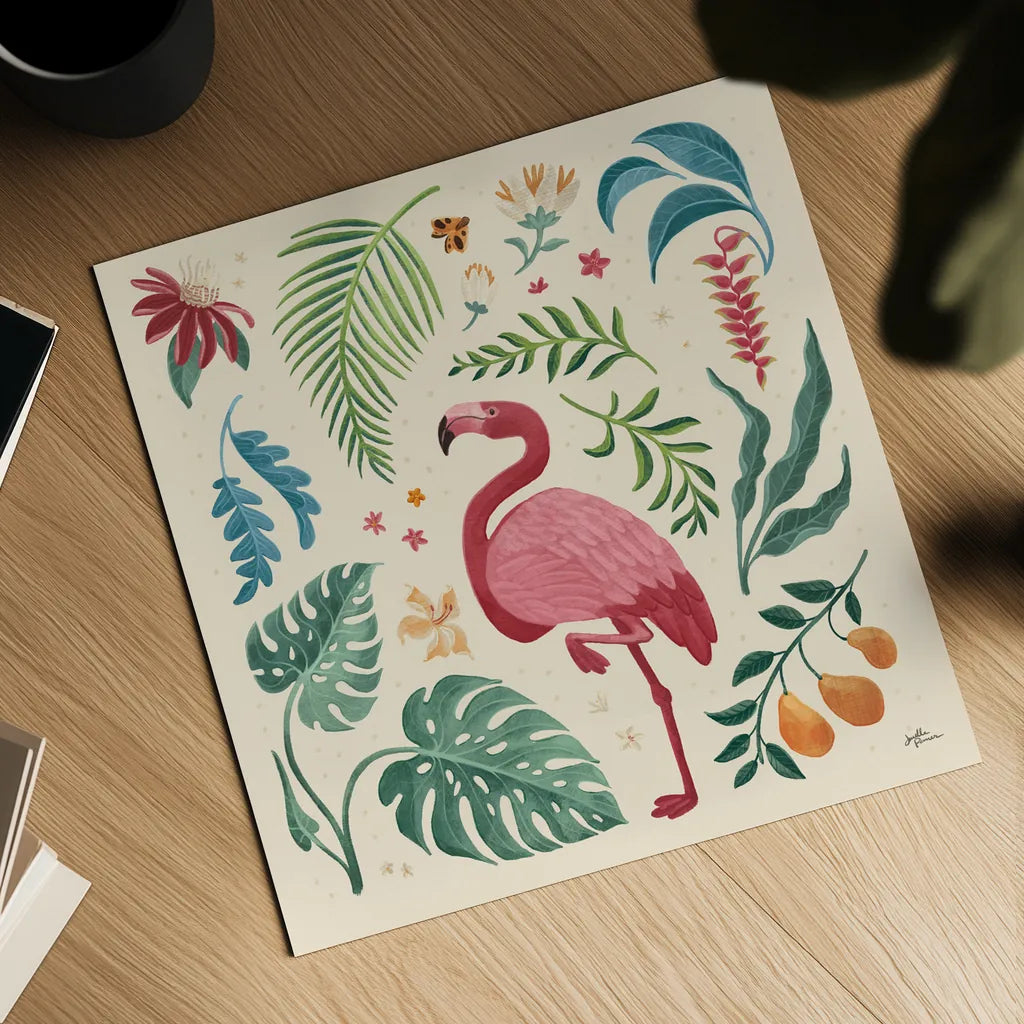 Jungle Love VI Cream by Janelle Penner. Shown as a detailed flat fine art print, highlighting archival giclee quality. Available as an archival giclee rolled canvas, fine art paper, or poster print. SKU 56873a.