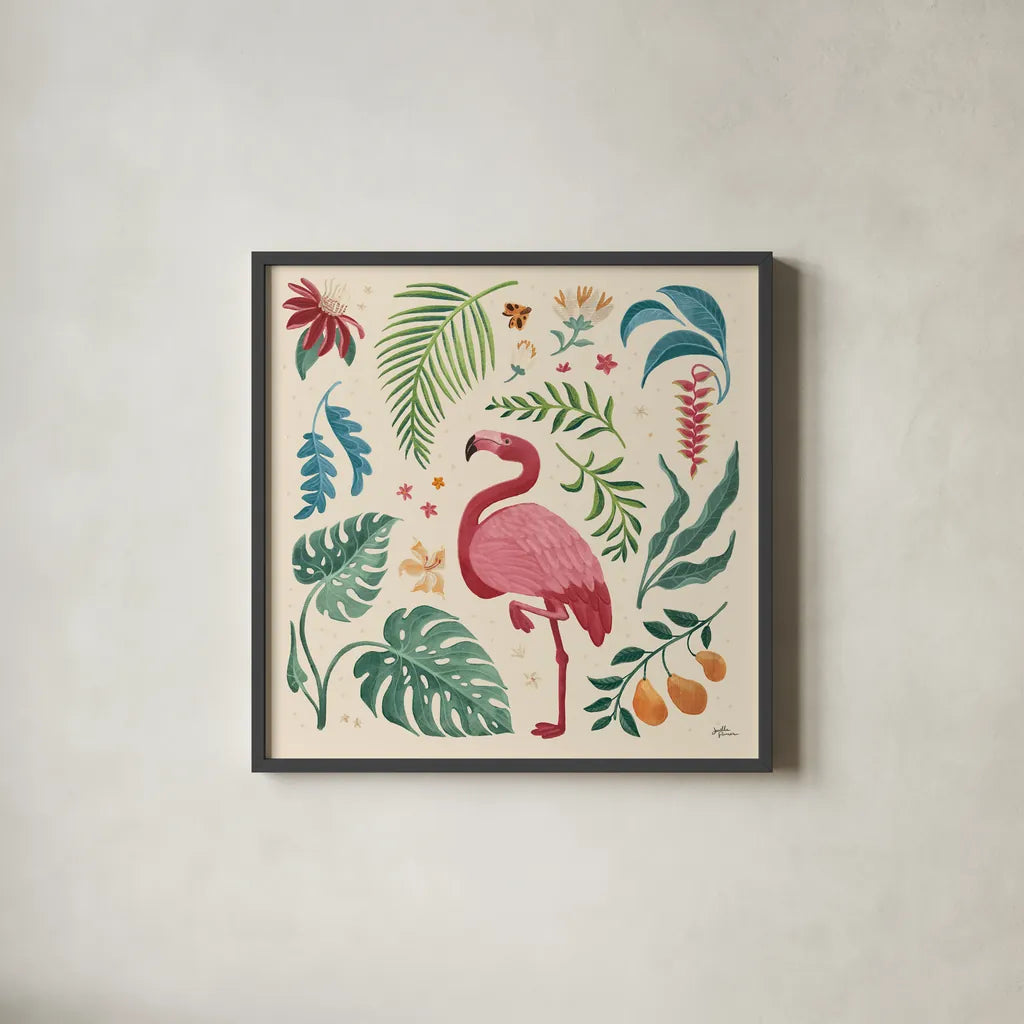 Jungle Love VI Cream by Janelle Penner. Shown in a sleek black glass frame for a contemporary gallery look. Available as an archival giclee rolled canvas, fine art paper, or poster print. SKU 56873a.