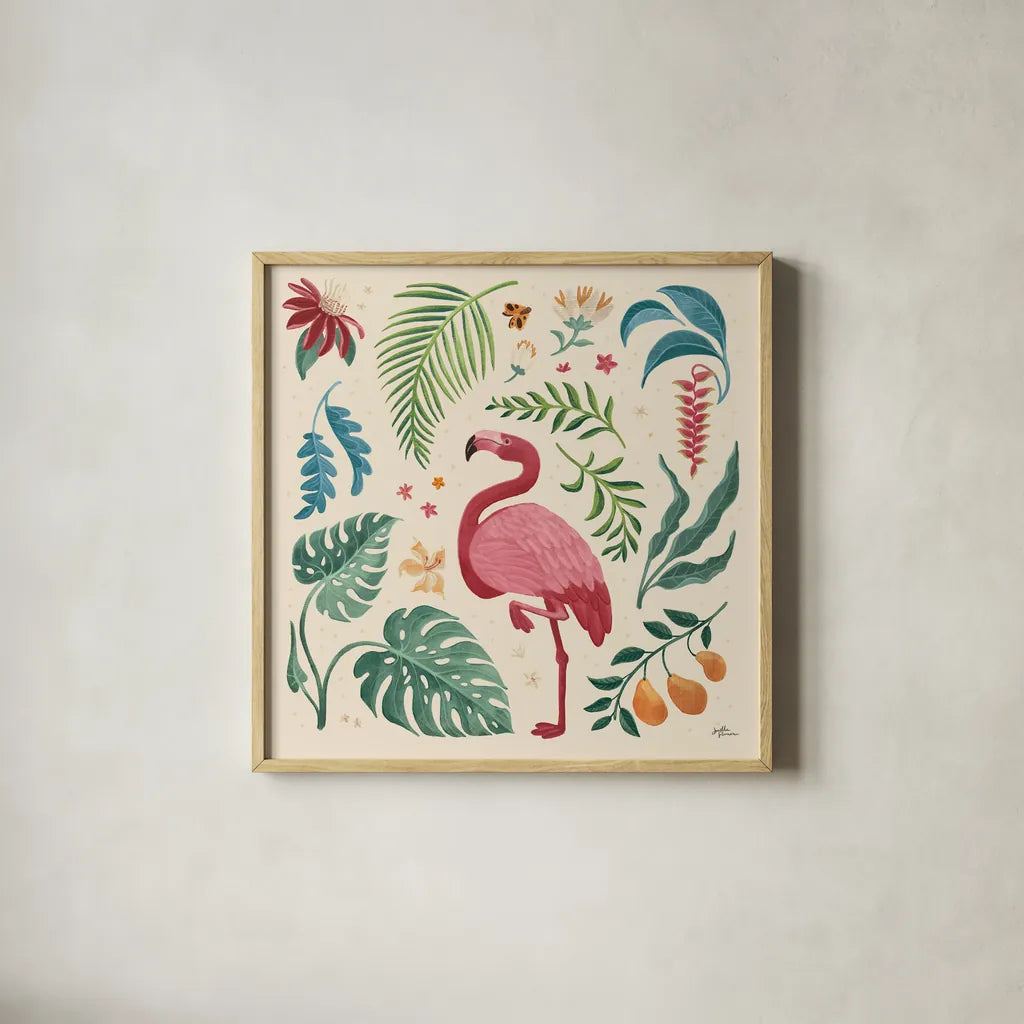 Jungle Love VI Cream by Janelle Penner. Shown in a natural wood glass frame for a timeless modern aesthetic. Available as an archival giclee rolled canvas, fine art paper, or poster print. SKU 56873a.