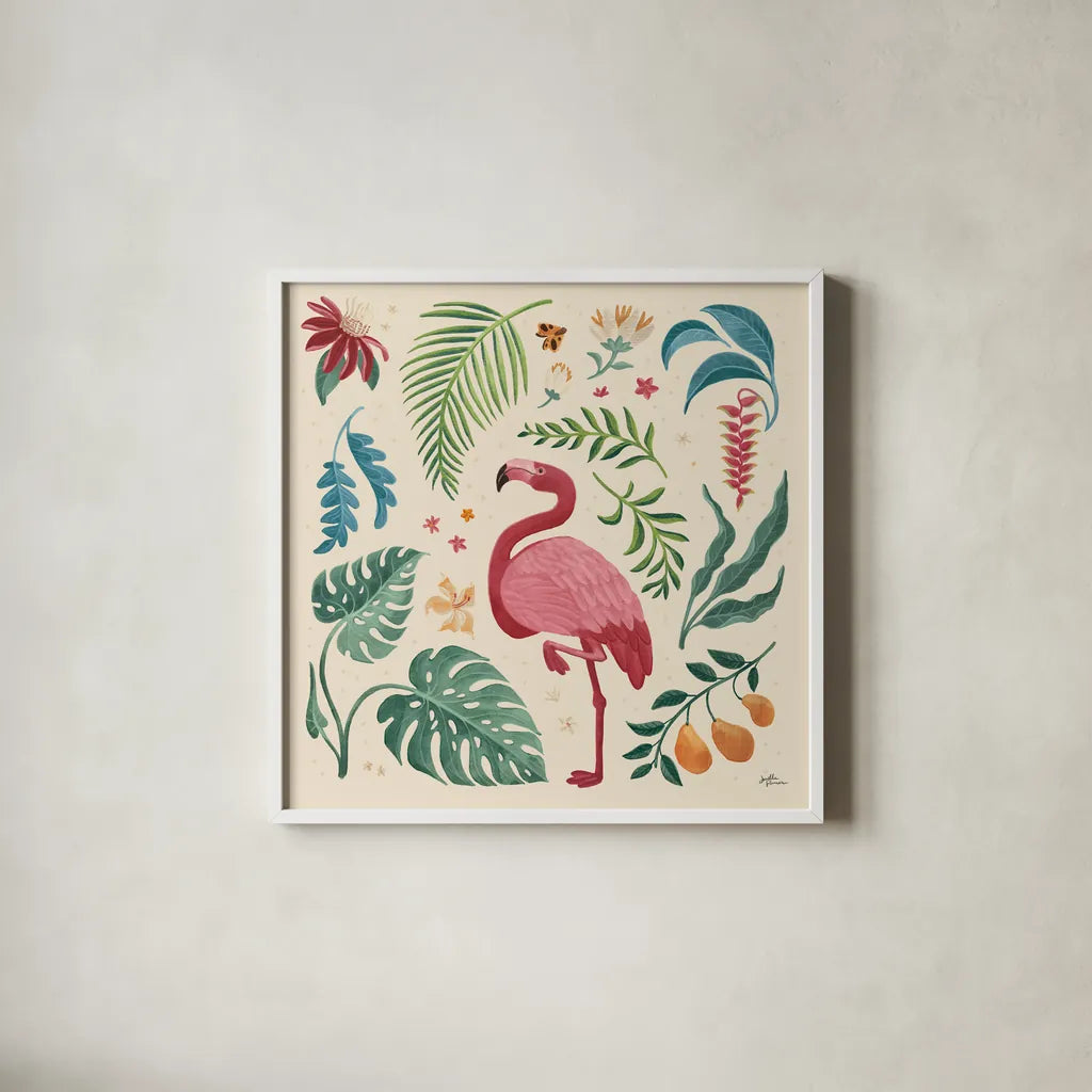 Jungle Love VI Cream by Janelle Penner. Shown in a crisp white glass frame for a clean and minimalist style. Available as an archival giclee rolled canvas, fine art paper, or poster print. SKU 56873a.