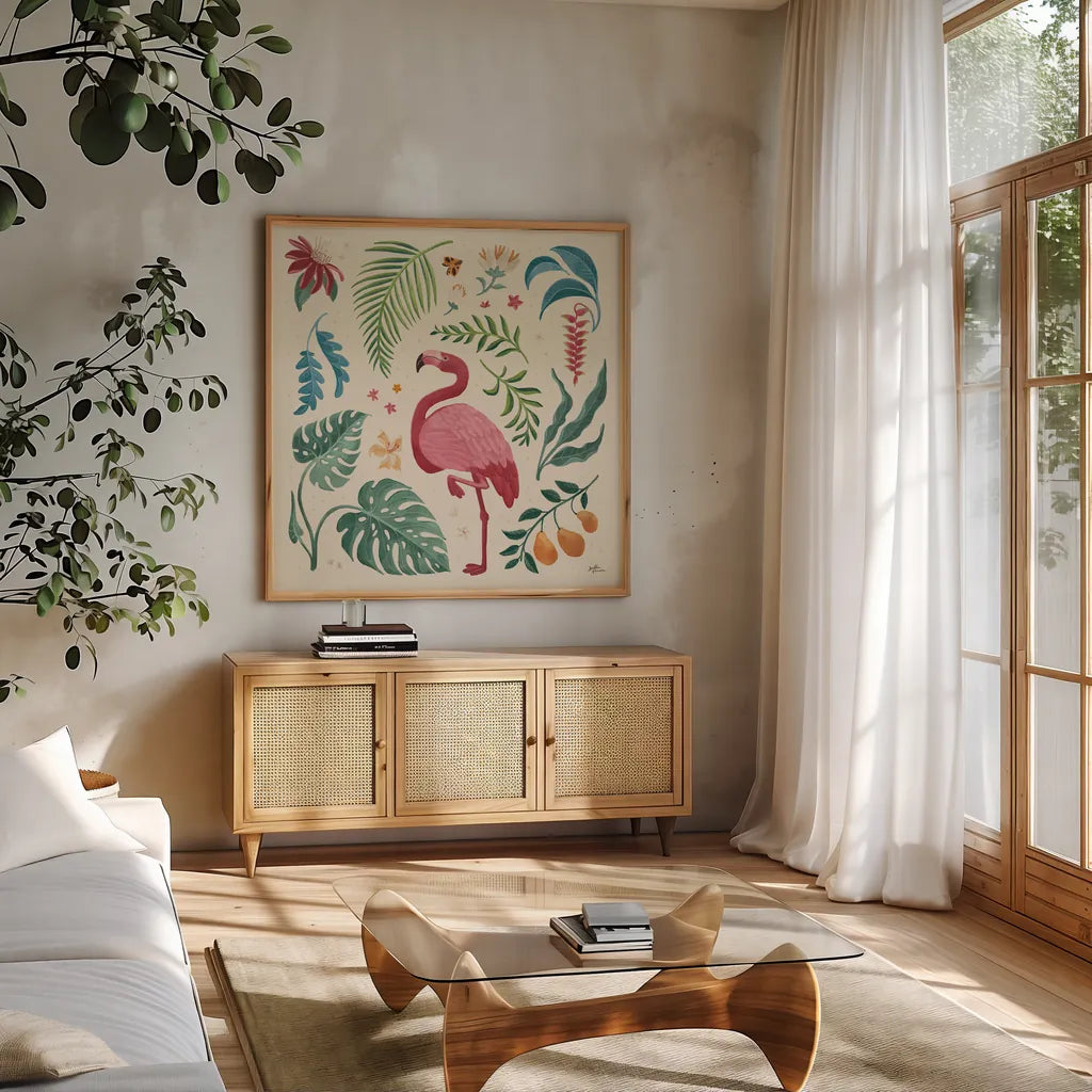 Jungle Love VI Cream by Janelle Penner. Shown in a natural wood frame in a cozy modern living room. Available as an archival giclee rolled canvas, fine art paper, or poster print. SKU 56873a.