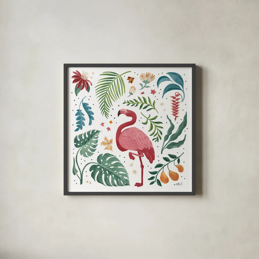 Jungle Love VI White by Janelle Penner. Shown in a sleek black glass frame for a contemporary gallery look. Available as an archival giclee rolled canvas, fine art paper, or poster print. SKU 56360a.