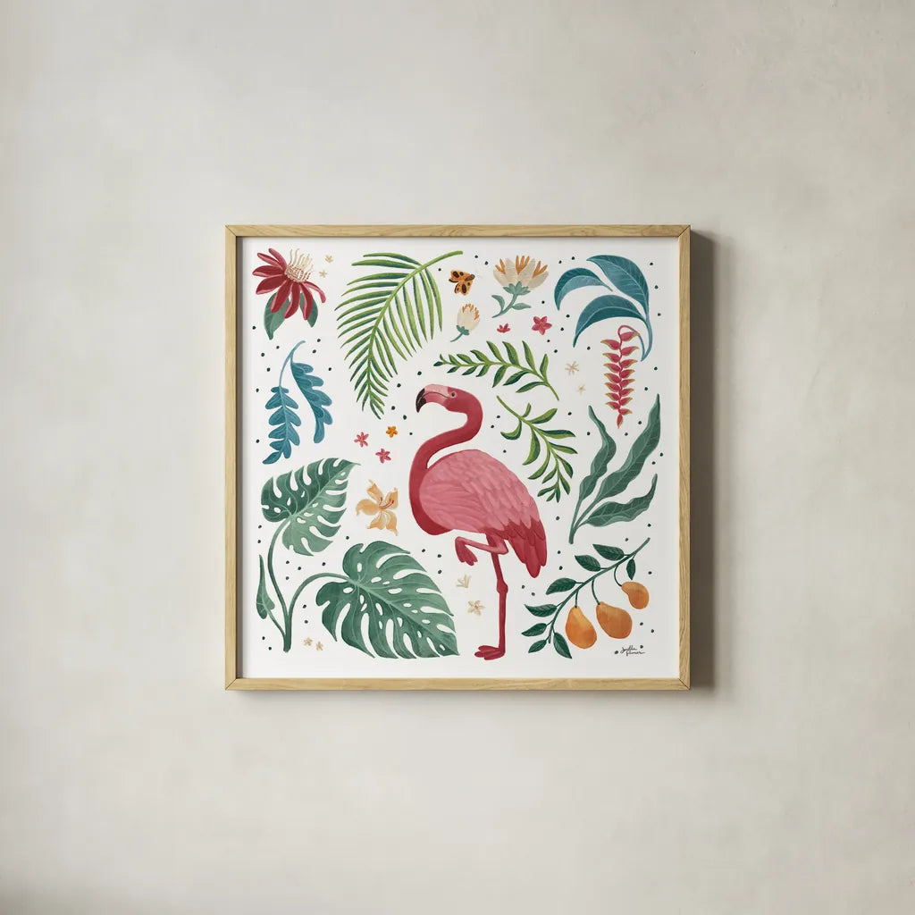 Jungle Love VI White by Janelle Penner. Shown in a natural wood glass frame for a timeless modern aesthetic. Available as an archival giclee rolled canvas, fine art paper, or poster print. SKU 56360a.
