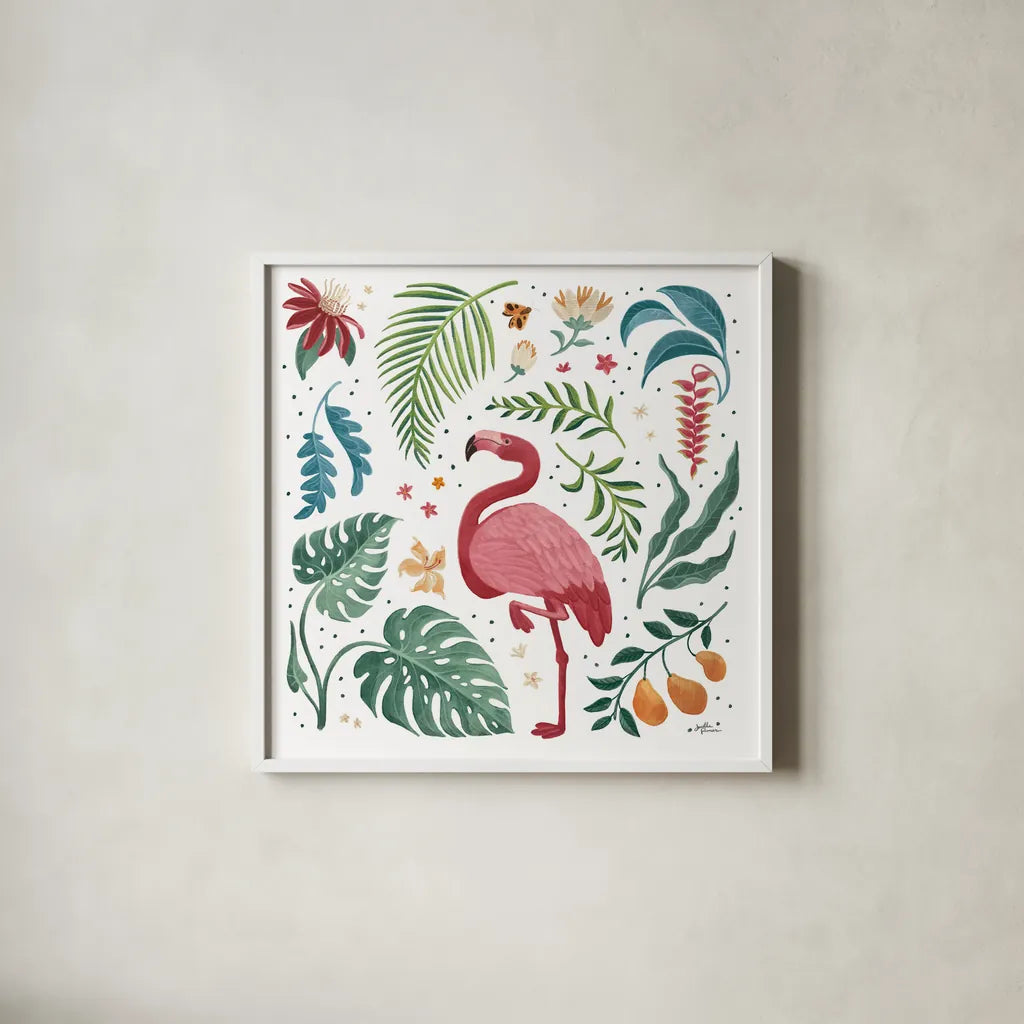 Jungle Love VI White by Janelle Penner. Shown in a crisp white glass frame for a clean and minimalist style. Available as an archival giclee rolled canvas, fine art paper, or poster print. SKU 56360a.