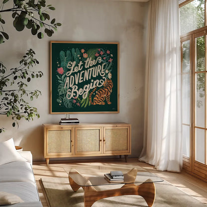 Jungle Love VII by Janelle Penner. Shown in a natural wood frame in a cozy modern living room. Available as an archival giclee rolled canvas, fine art paper, or poster print. SKU 56094a.