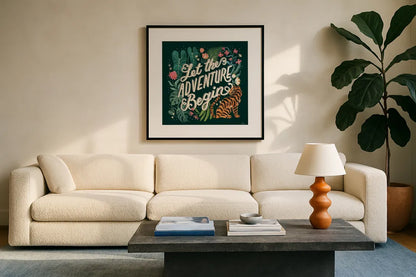 Jungle Love VII by Janelle Penner. Displayed in a glass frame with matte in a clean modern living room. Available as an archival giclee rolled canvas, fine art paper, or poster print. SKU 56094a.