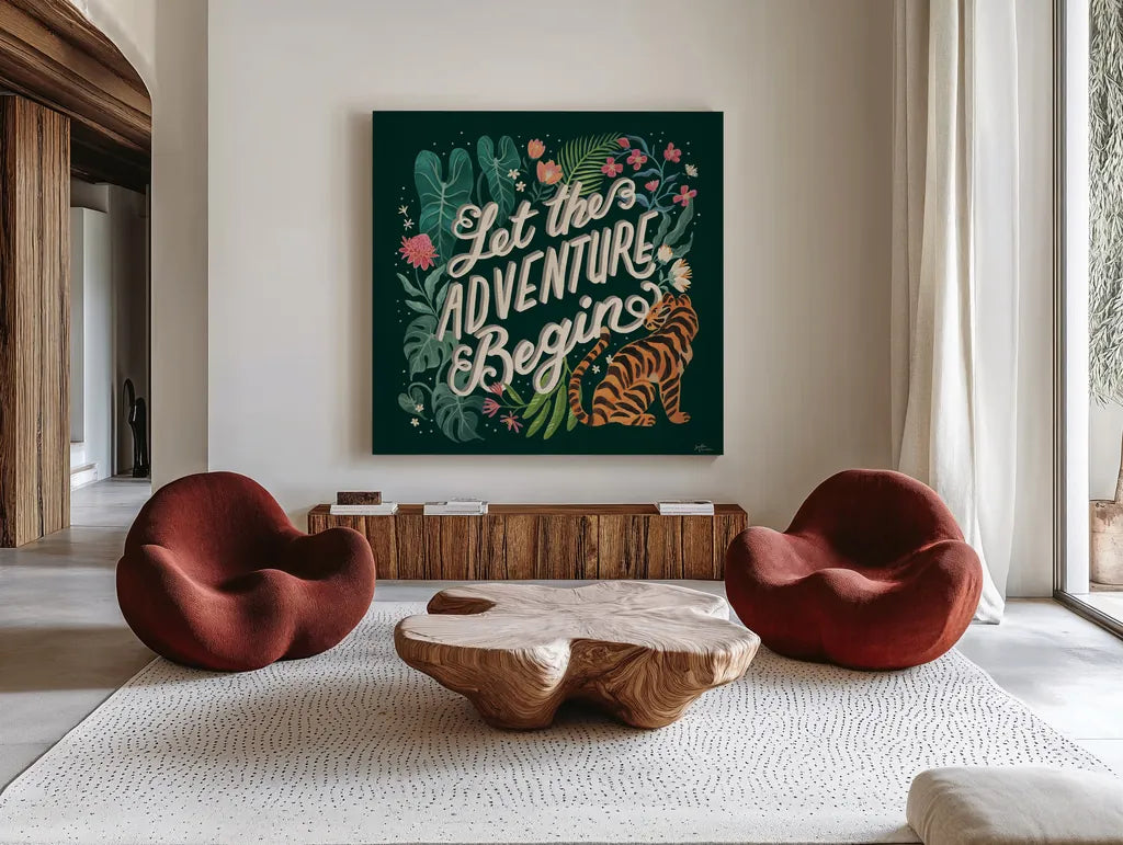 Jungle Love VII by Janelle Penner. Shown as extra-large giant wall art in a modern living room. Available as an archival giclee rolled canvas, fine art paper, or poster print. SKU 56094a.