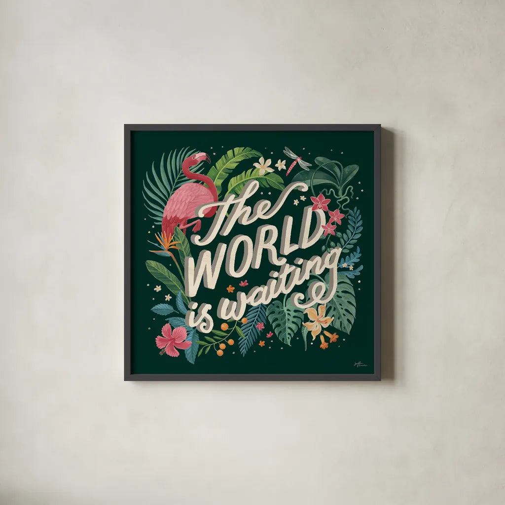 Jungle Love VIII by Janelle Penner. Shown in a sleek black glass frame for a contemporary gallery look. Available as an archival giclee rolled canvas, fine art paper, or poster print. SKU 56095a.