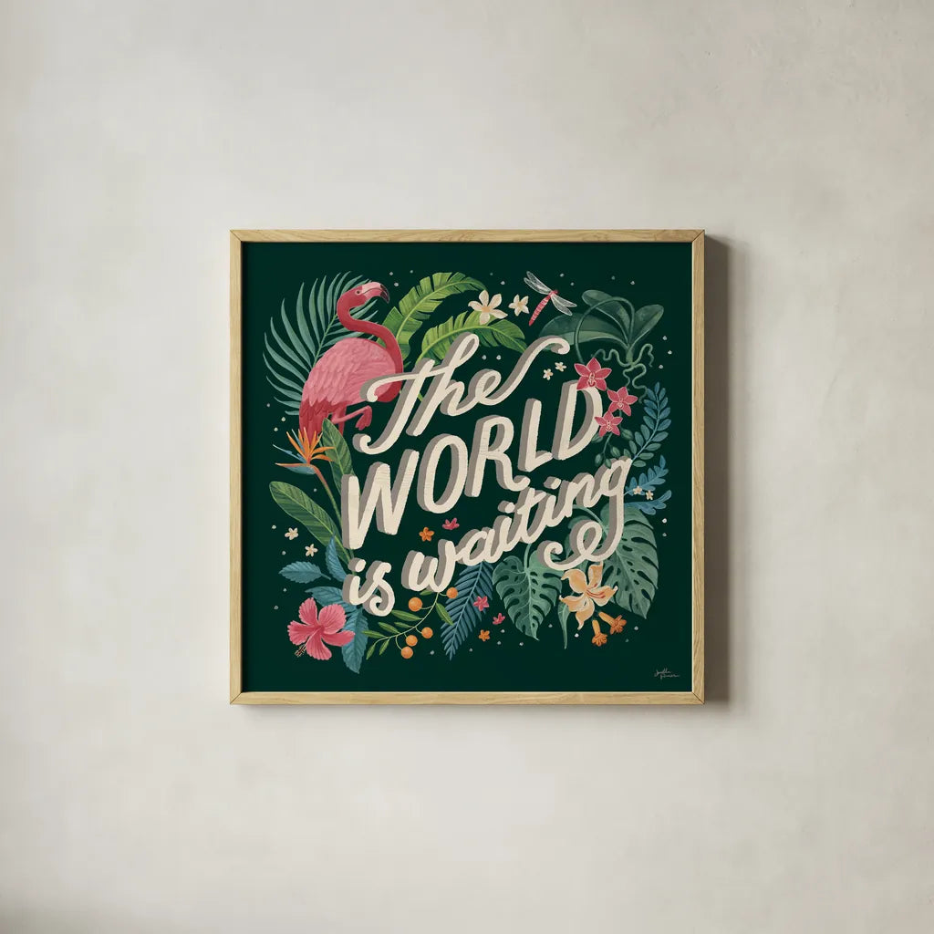 Jungle Love VIII by Janelle Penner. Shown in a natural wood glass frame for a timeless modern aesthetic. Available as an archival giclee rolled canvas, fine art paper, or poster print. SKU 56095a.