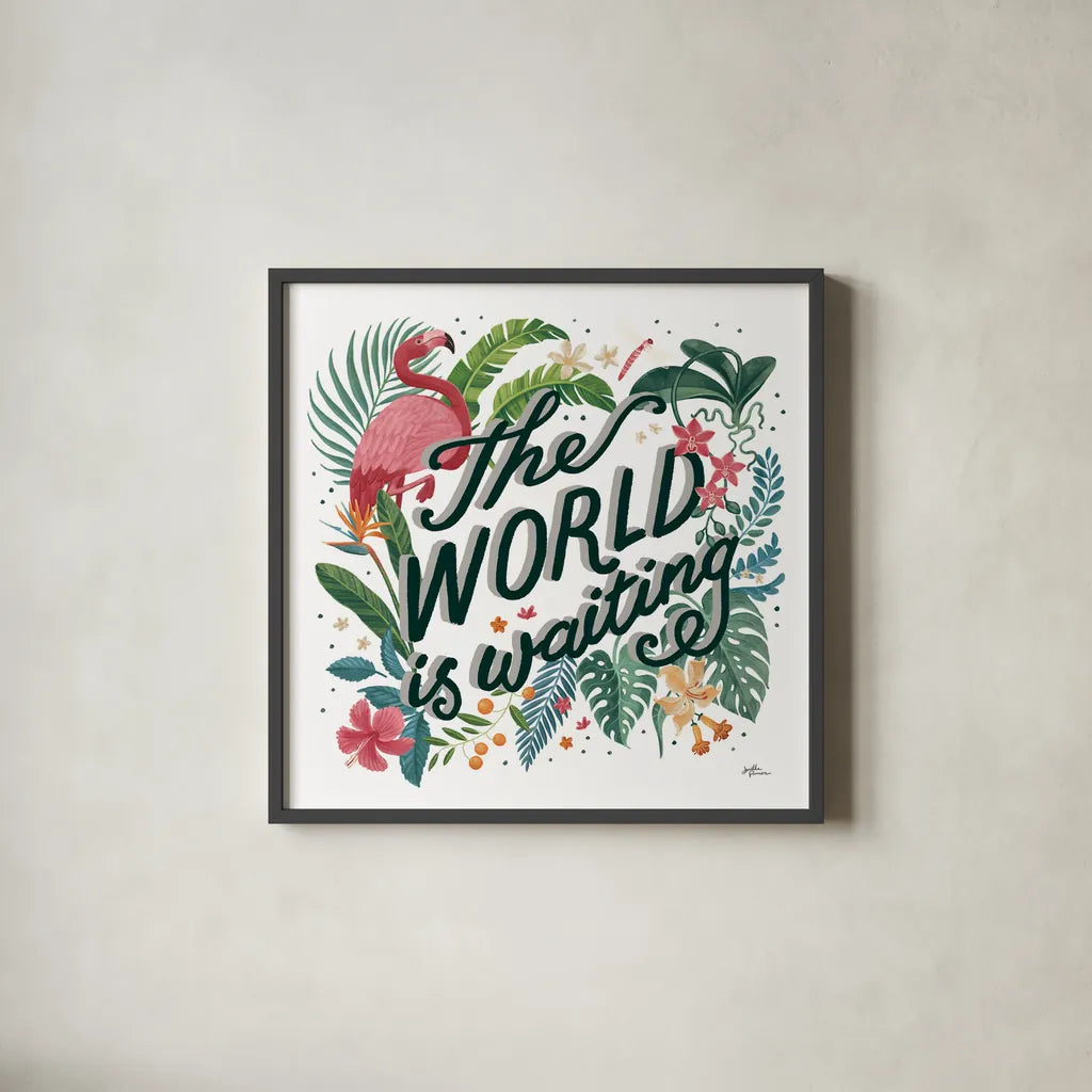 Jungle Love VIII White by Janelle Penner. Shown in a sleek black glass frame for a contemporary gallery look. Available as an archival giclee rolled canvas, fine art paper, or poster print. SKU 56362a.