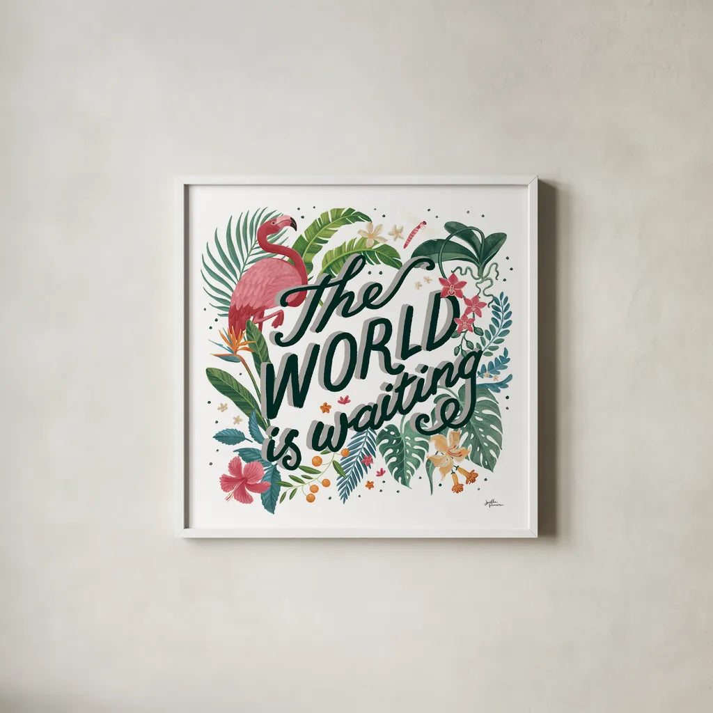 Jungle Love VIII White by Janelle Penner. Shown in a crisp white glass frame for a clean and minimalist style. Available as an archival giclee rolled canvas, fine art paper, or poster print. SKU 56362a.