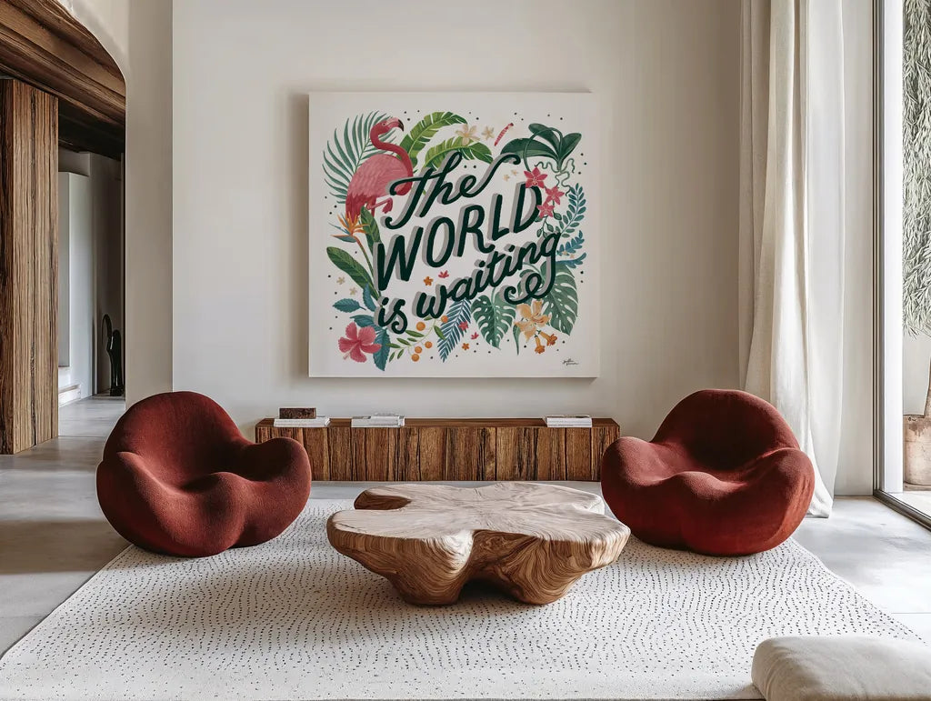 Jungle Love VIII White by Janelle Penner. Shown as extra-large giant wall art in a modern living room. Available as an archival giclee rolled canvas, fine art paper, or poster print. SKU 56362a.