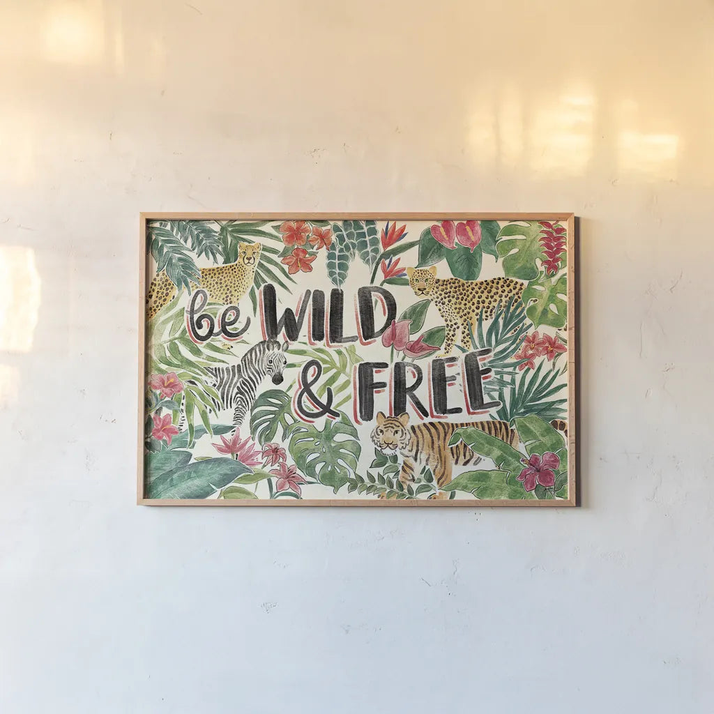 Jungle Vibes I by Janelle Penner. shown as a paper print in a natural frame. Available as a archival giclee rolled canvas, fine art paper, or poster print. SKU 45860i.