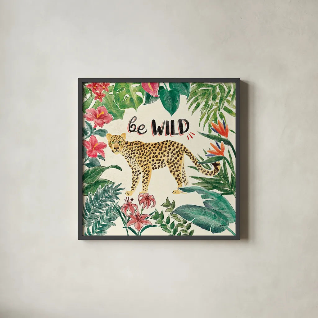 Jungle Vibes III by Janelle Penner. Shown in a sleek black glass frame for a contemporary gallery look. Available as an archival giclee rolled canvas, fine art paper, or poster print. SKU 45862a.